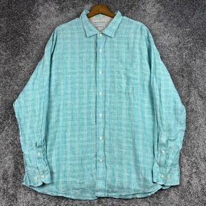 Tommy Bahama Linen Shirt Men's XXL Blue Button‎ Up Beach Hawaiian Plaid Casual